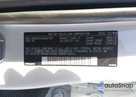 2019 Volvo S60 T5 Momentum from USA, damaged, VIN 7JR102FK4KG007537